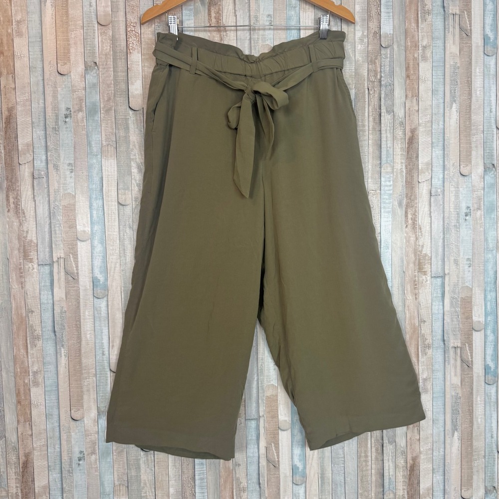 J Crew 12 Point Sur Olive Green Paperbag Tie Waist Pull-On Wide-Leg Pants Crop